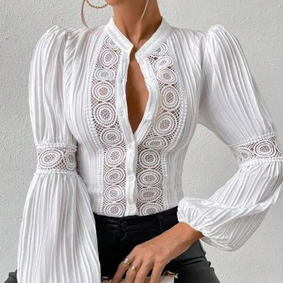 White Lace Button Up Lantern Sleeve Long Blouse - Picture 2 of 4